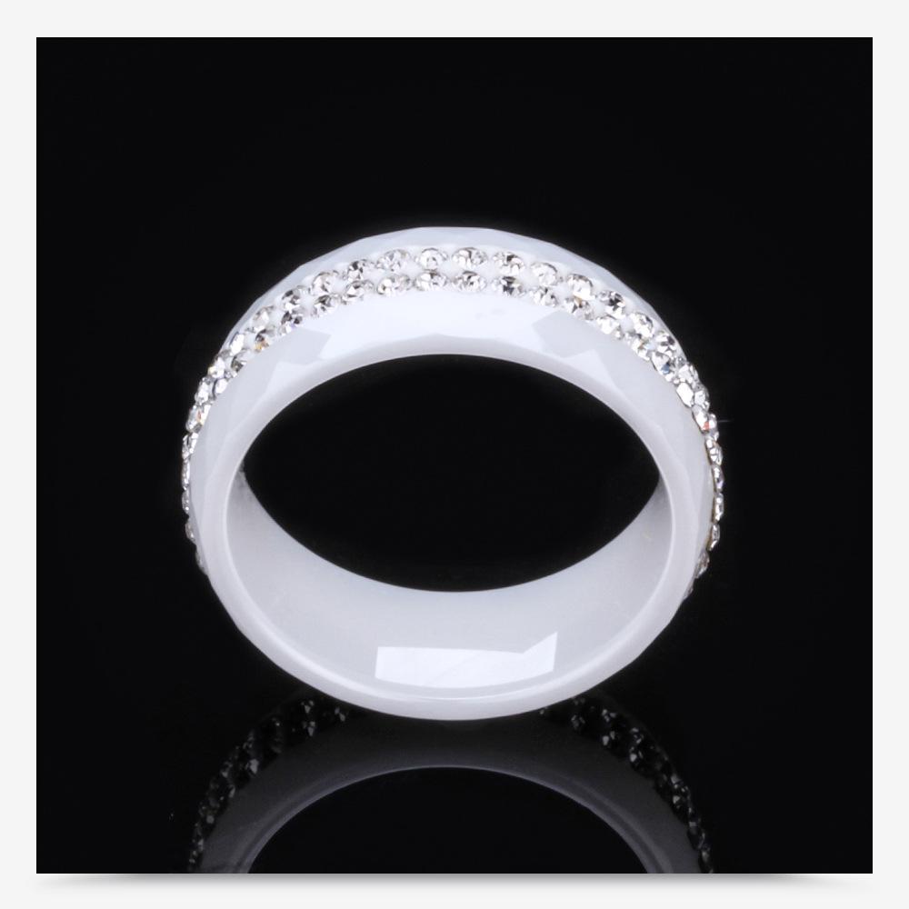 8MM Black and White Ceramic Ring with Dual Row Inlaid Diamonds for Women