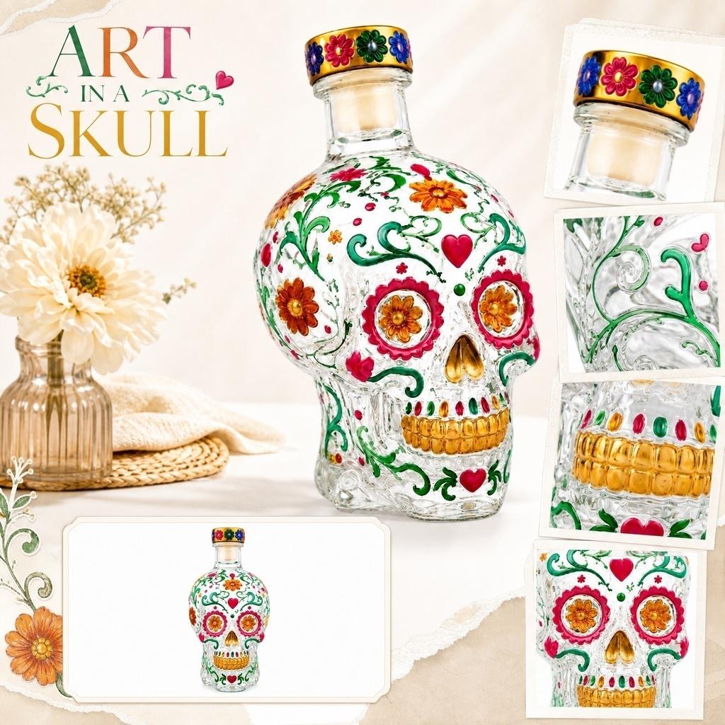 Garrafa de Vidro em Formato de Caveira com Design Embutido de Padrão Floral e de Coração Decorativo e Rolha de Cortiça para Armazenamento e Exibição de Bebidas Alcoólicas
