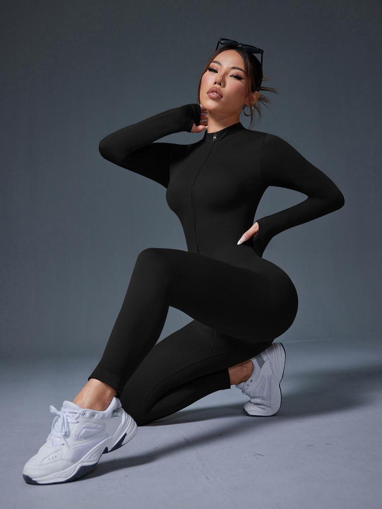 European-Style One-Piece Sport Jumpsuit for Women with Zipper, Stand Collar, Long Sleeves, Thumb Holes, Hip Lifting, and Tummy Control
