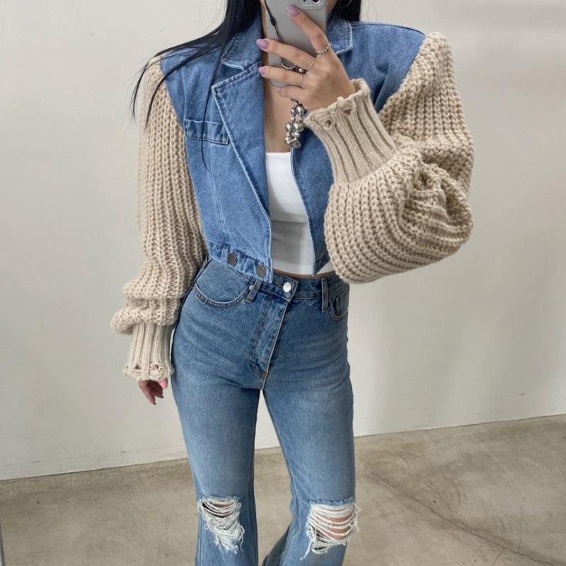 Spliced Denim Jacket Women  Autumn Winter New Long Sleeve Loose Jackets Vintage Casual Turn Down Collar Short Coats