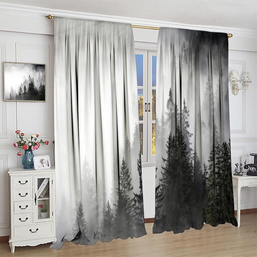 Nebeliger Wald Vorhänge Nebeliger Berg Stangentasche Kiefer Naturlandschaft Kunst Gedruckt Wohnzimmer Schlafzimmer Fenster Vorhänge 42x63 Zoll(10