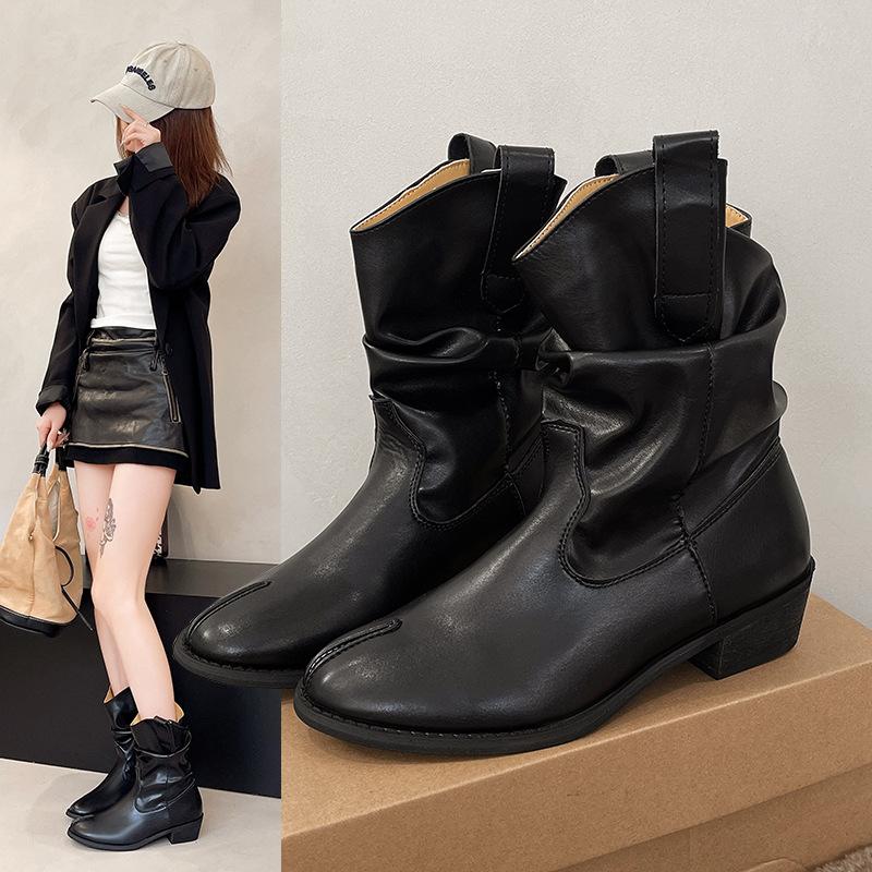 Sheepskin version~ inner height-increasing retro pleated stacking boots women's V-mouth suede mid-tube western boots versatile thick-heeled knight bo