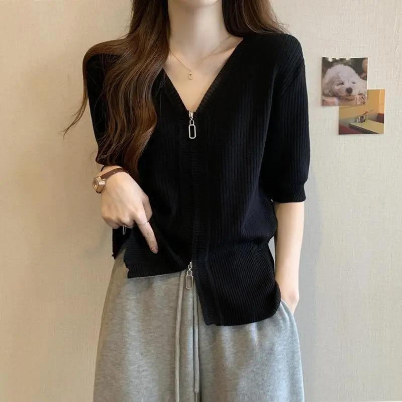 Fashionable Women's Korean Style Ice Silk Short-sleeved Cardigan Solid Color Zipper Splicing Casual Loose and Versatile Top