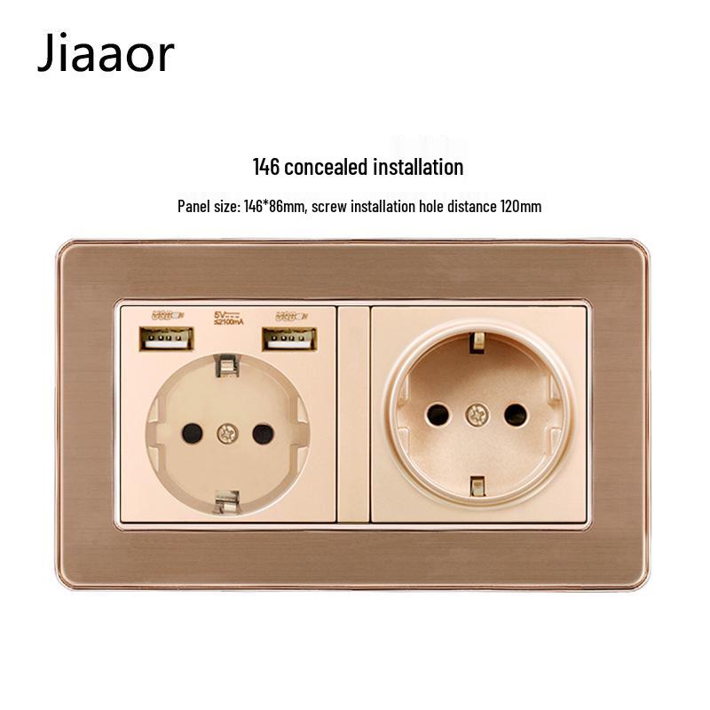 Type 146 Dual USB 16A Two-Gang European Power Socket Panel with German Standard Switch (Concealed)