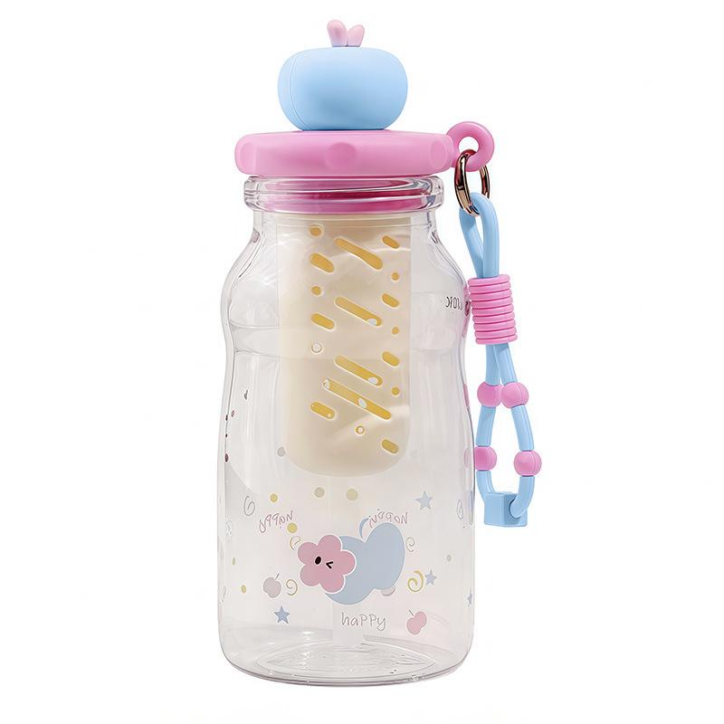 Water bottle children's water cup summer apple cartoon straw cup high value tea separation portable rope plastic cup