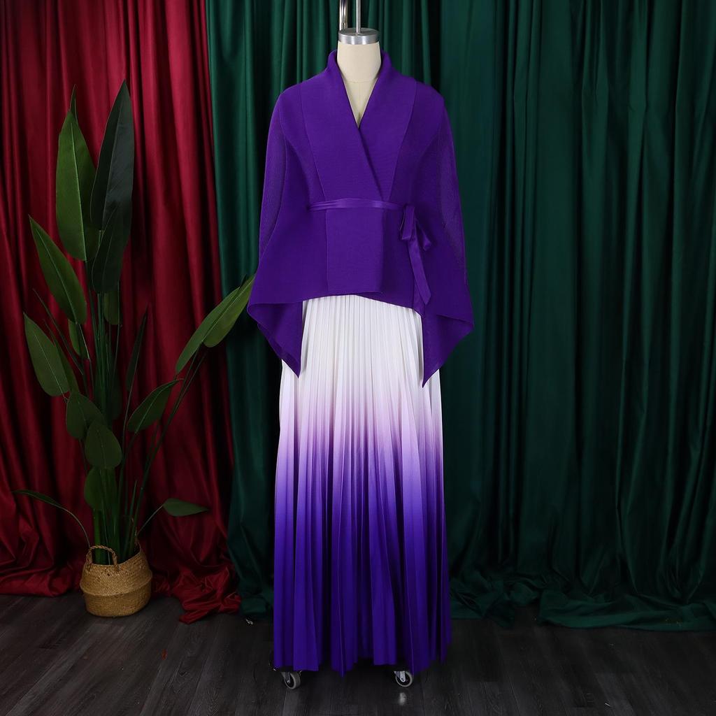 European & American Fashion Pleated Top and Gradient Swing Skirt Two-Piece Set