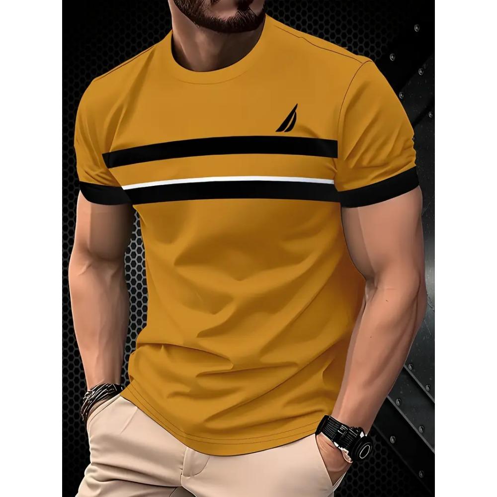 Men's Creative Color blocked 3D Mountain Printed T-shirt Summer Street Trend Sports Round Neck Short Sleeve T-shirt Casual Sportswear