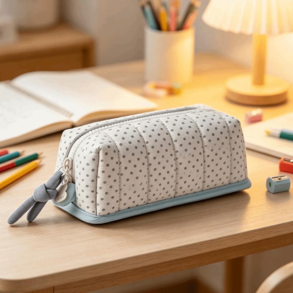 Large Capacity Pencil Box Dot Pattern Stationery Bag Fashion Pen Bag Portable Use