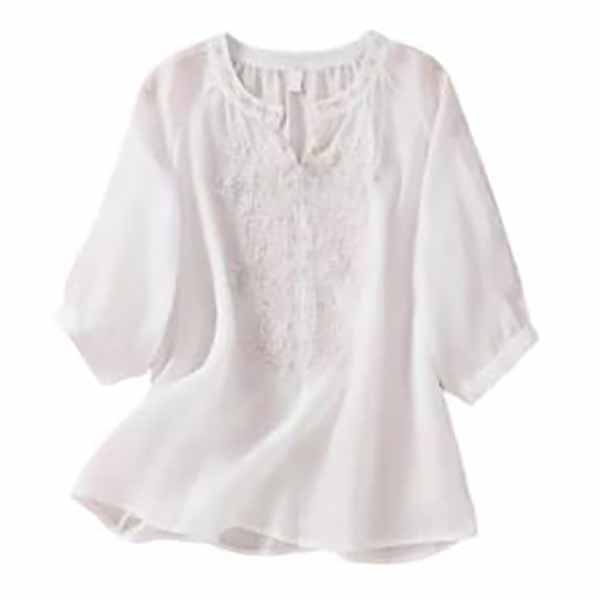 Women V-neck Shirt Elegant Floral Embroidered V Neck Blouse for Women Stylish Three Quarter Sleeve Loose Fit Shirt