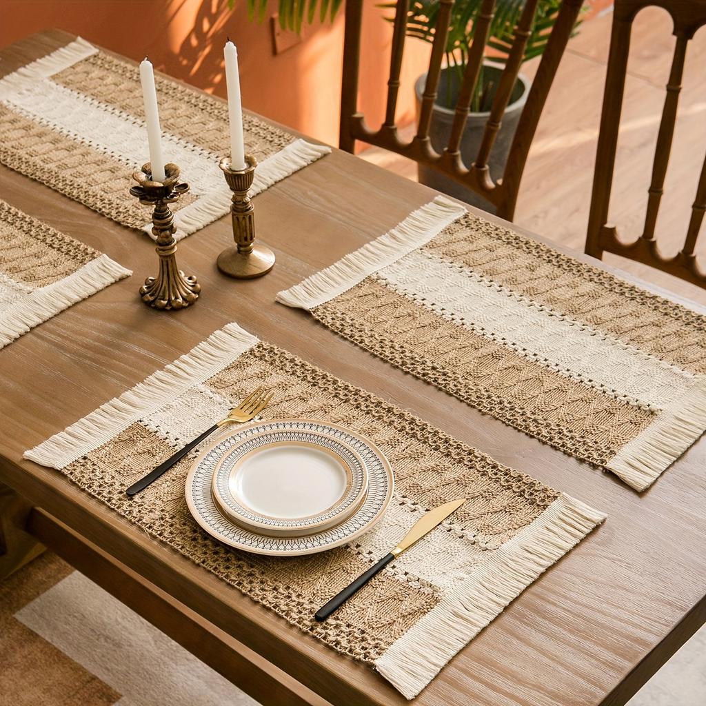 Boho Hand-Woven Cotton Placemats Set Rustic Table Mats Tassels Reusable Heat-Resistant Placemats Dining Table Party Decor