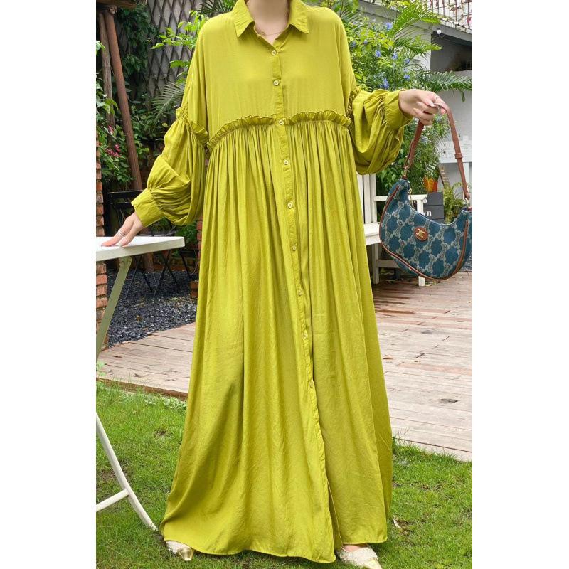 

Корейские свободные платья-рубашки на пуговицах для женщин, летние повседневные однотонные длинные платья, элегантное платье с длинным рукавом и отложным воротником One Size