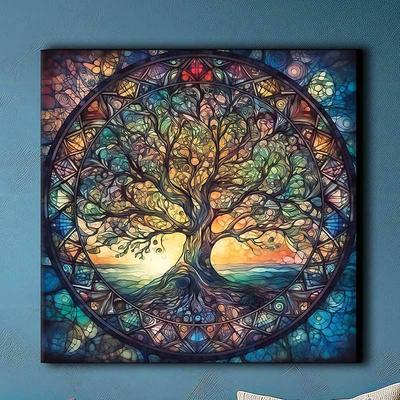 Peinture à l'huile sur verre coloré, Arbre de Vie, fresque celtique, mythologie nordique, arbre à cadeaux, impression et poster décoration cœur