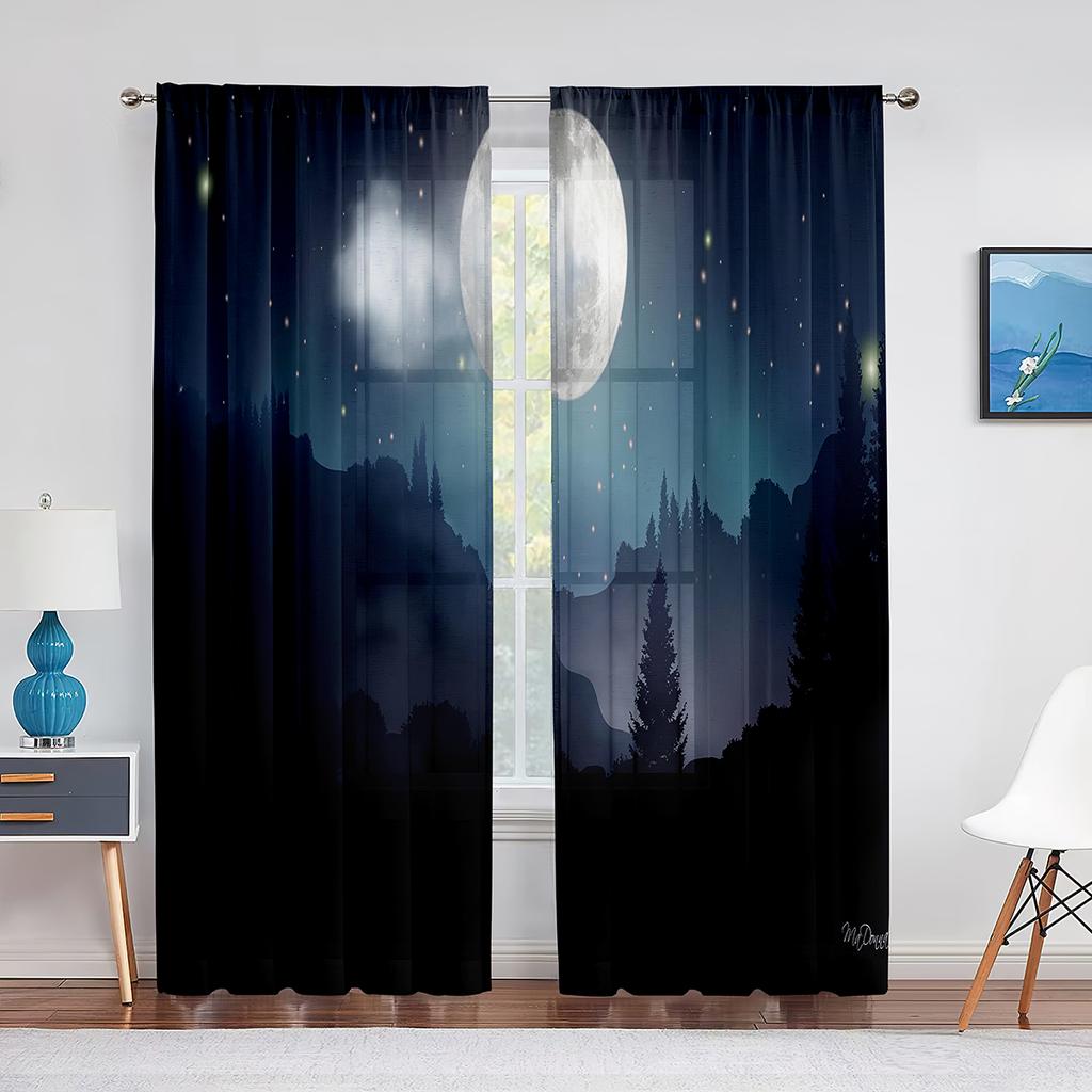 Night Sky Moon Stars and Forest Lake Sheer Voile Curtains for Bedroom Living Room Kitchen Tulle Curtains Chiffon Window Drapes