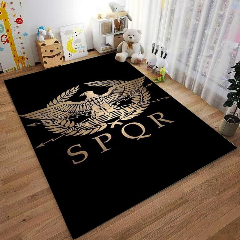 Roman SPQR Eagle Emblem Carpet with Laurel Wreath Design Black Background Suitable for Use As an Anti-slip for Living Room Bedroom Sofas