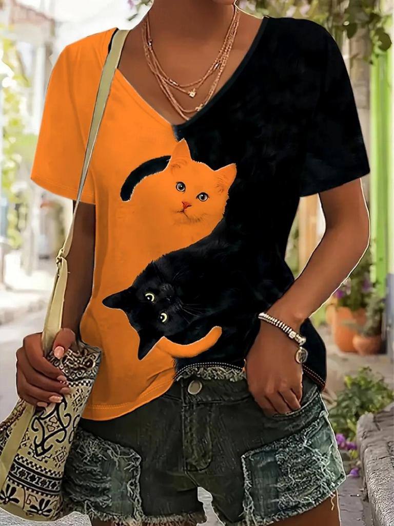 Sommer V-Ausschnitt 3D Katze Muster Bedrucktes Top Modische Lässige Kurzarm Damen T-Shirts