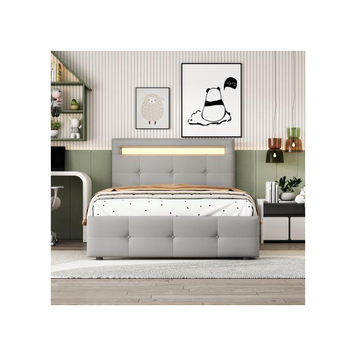 Gepolstertes Bett - MUVOE - 90x200 cm - LED-Beleuchtung - 2 Schubladen - Sanftes Grau