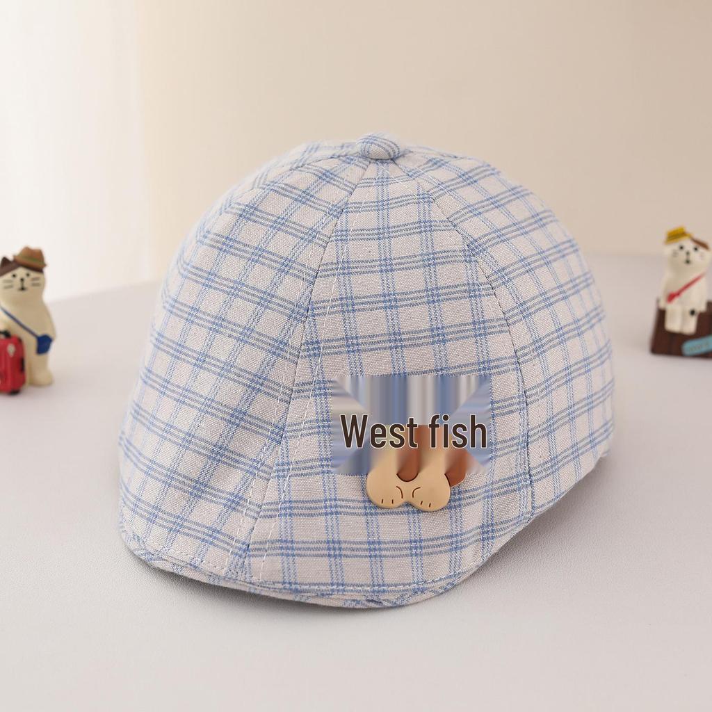 Retro Plaid Baby Beret – Spring/Summer Sun Hat with Embroidered "23" for Infants & Toddlers