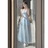 French Gentle Wind Blue Lace Suspender Dress Women's Summer Seaside Vacation Wind Waist Chic Long Dress