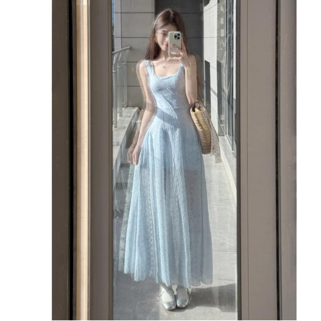 French Gentle Wind Blue Lace Suspender Dress Women's Summer Seaside Vacation Wind Waist Chic Long Dress