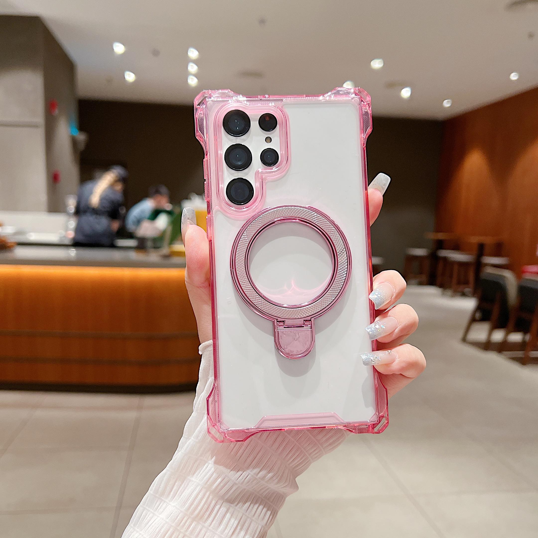 

For Samsung Galaxy S23 Ultra Case Glitter Magnetic Kickstand Reinforced Corners Acrylic+TPU Phone Cover Pink