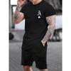 100% Cotton Men's Summer Casual A-letter Poker Pattern Print Loose Size Round Neck Short Sleeved T-shirt+shorts Set