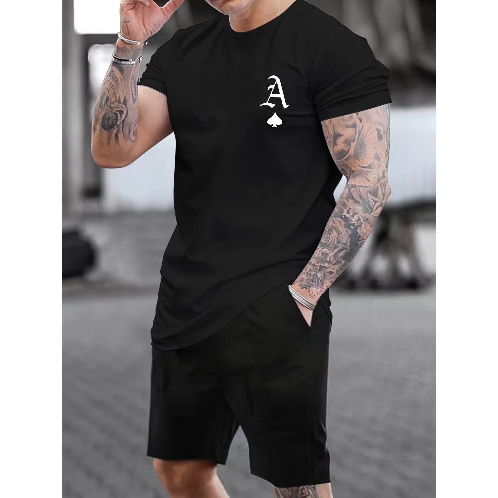 100% Cotton Men's Summer Casual A-letter Poker Pattern Print Loose Size Round Neck Short Sleeved T-shirt+shorts Set