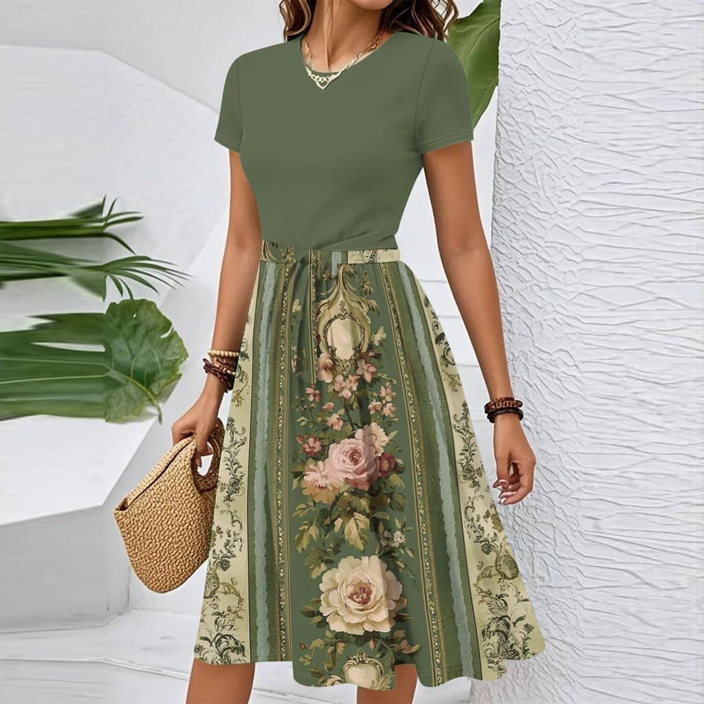 Women's Casual Fashion Belted Floral Printed Short Sleeve Round Neck Elegant Flowing Dress