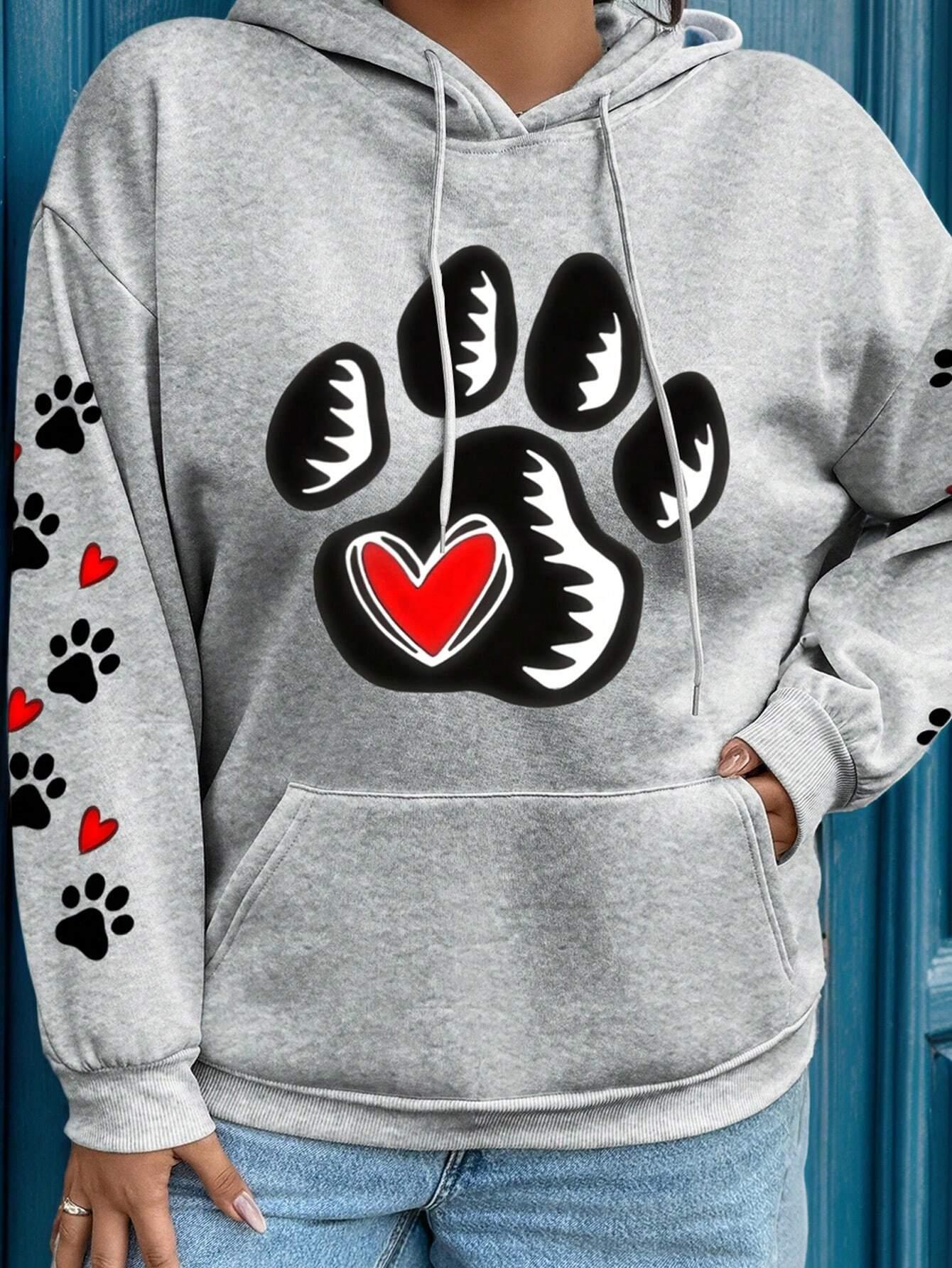 

Creative Love Footprints Printed Women Hoodies Autumn Pocket Streetwear Loose Casual Pullover Fleece Comfortable Woman Hoody 3XL