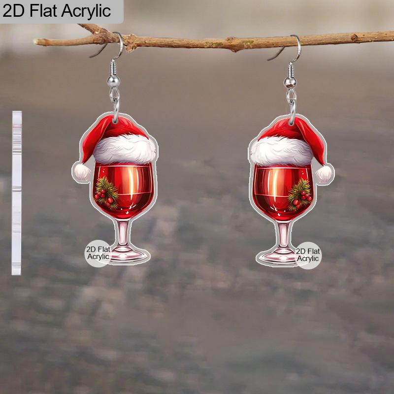 2D Flat 2pairs Y2K Fashion Christmas Hat Heart-Shaped Wine Glass Acrylic Dangle Earrings, Perfect Gift for Women, Christmas Party Jewelry