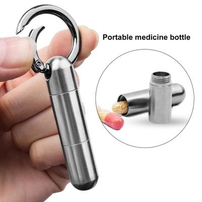 Portable Pill Box Keychain Small Waterproof Stainless Steel Pill Bottle Holder Organizer Medicine Container for Travel