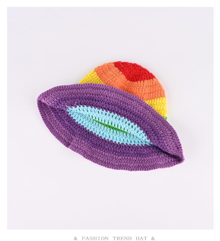 Regenbogen Farbverlauf Gestreifte Wollmütze Damen Herbst Winter Warm Ohrschutz Fischerhut Handgehäkelt Gestrickte Schirmmütze