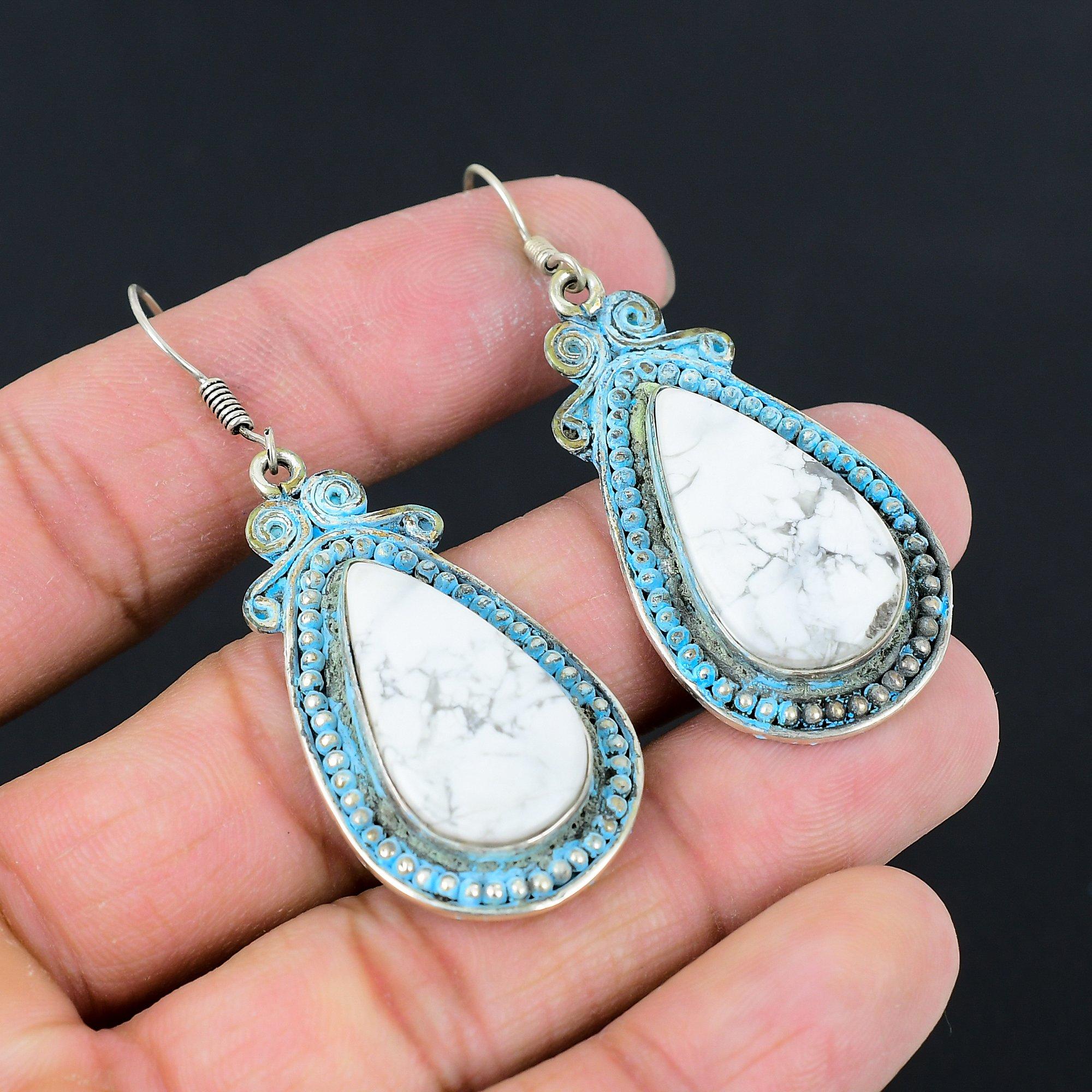 

День Дочери Сделка Груша Натуральный Говлит Стерлинговое Серебро Подвесные Серьги Ювелирные Изделия