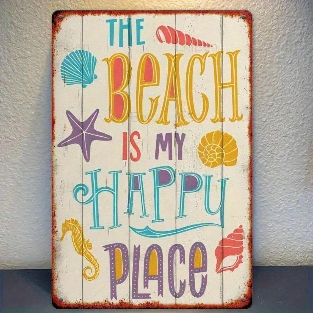 Vintage Tin Sign The Beach Is My Happy Place Coastal Retro Wall Art Bar Kitchen Decor