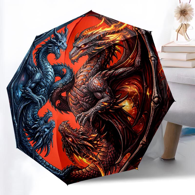 1pc Sturdy 8-Bone Auto Umbrella, Ancient Green Dragon Umbrella, Digital Printed, Foldable Umbrella for On-the-Go Outdoor Use