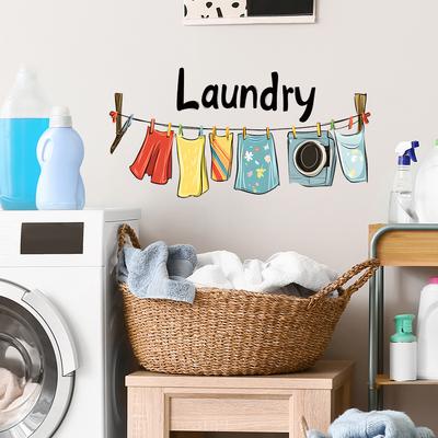 Self Adhesive Cartoon Clothes and Clothesline Wall Stickers for Laundry Room Bathroom Toilet Decor Peel and Stick Removable Waterproof