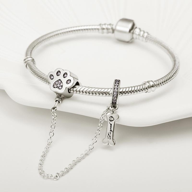 S925 Silver Pet Bone Safety Leash Bracelet DIY Jewelry for Dog Lovers Cute Accessories