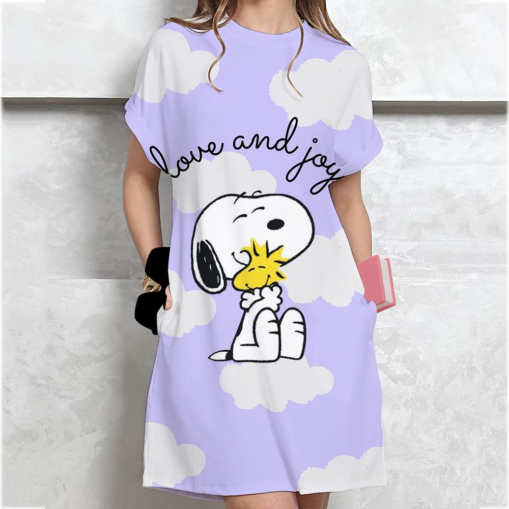 

Жіноча вільна літня сукня з коротким рукавом великого розміру з принтом Snoopy, міні-сукня в стилі футболки, літня повсякденна вільна сукня M