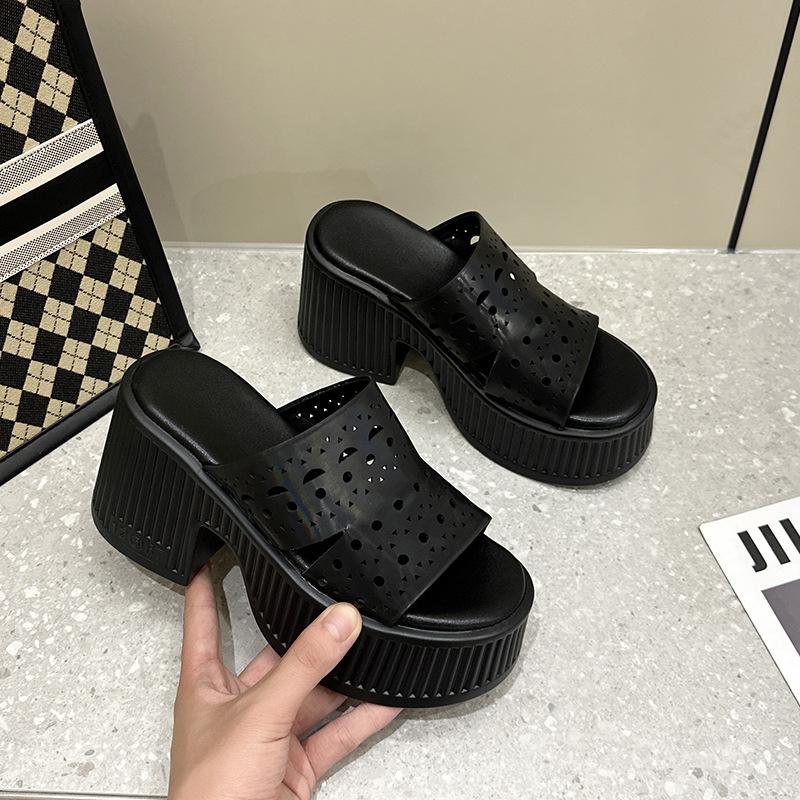 

Fashion 10CM Microfiber Leather Breathable Sandals Flats Hollow High Brand Shoes Round Toe Summer Women Slipper Slip on Platform Wedge 39 чёрный