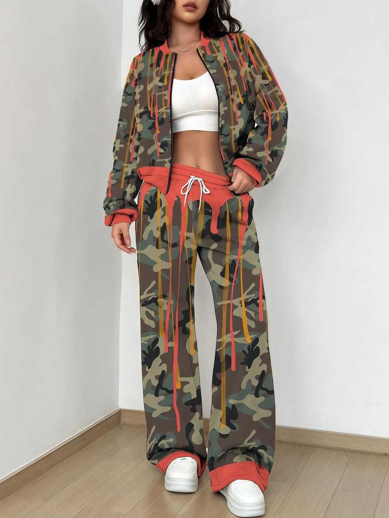 Simple Autumn and Winter New European and American Women's Clothing Yellow-green Camouflage Printing Suit Women
