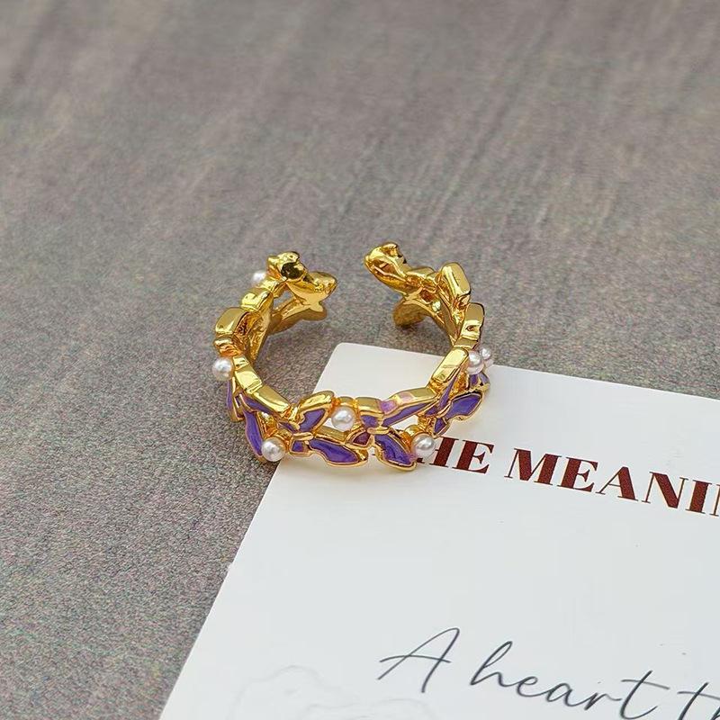 Purple Brilliant Enamel Medieval Vintage Open Ring Retro Personality Niche High Sense Stacked Index Finger Ring