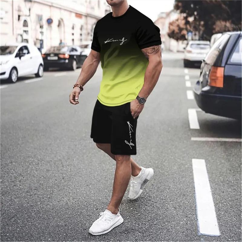 Nejnovější pánská sada trička s 3D gradientem a kraťasů, krátký rukáv, kulatý výstřih, ležérní a módní, skateboardové sportovní oblečení
