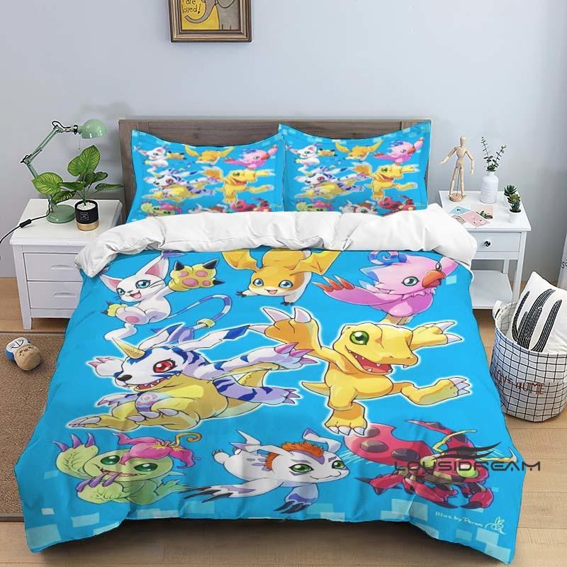 Digimon Cartoon 3D-Printed Bedding Set—Includes Duvet Cover and Pillowcases—Available for Single, Double, King, and Queen-Sized