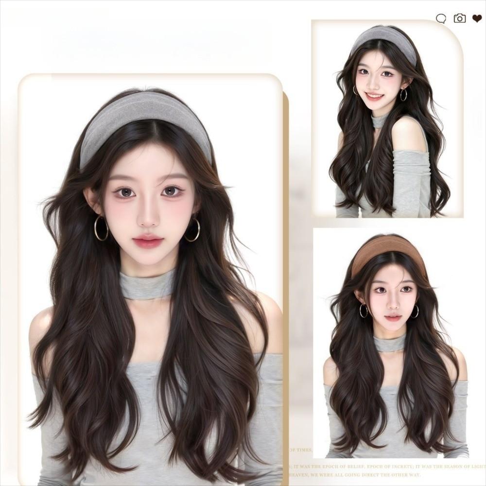 Hair Hoop Half Headband Wig Korean Style Long Wavy Curly  Hair Gray Wide Knit Headband Wig  Party