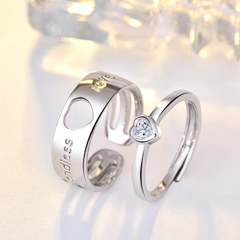 2PCS 925 Sterling Silver Ring Adjustable Open Couple Engagement Rings for Women Men Wedding Ring Party Fashion Jewelry Gift