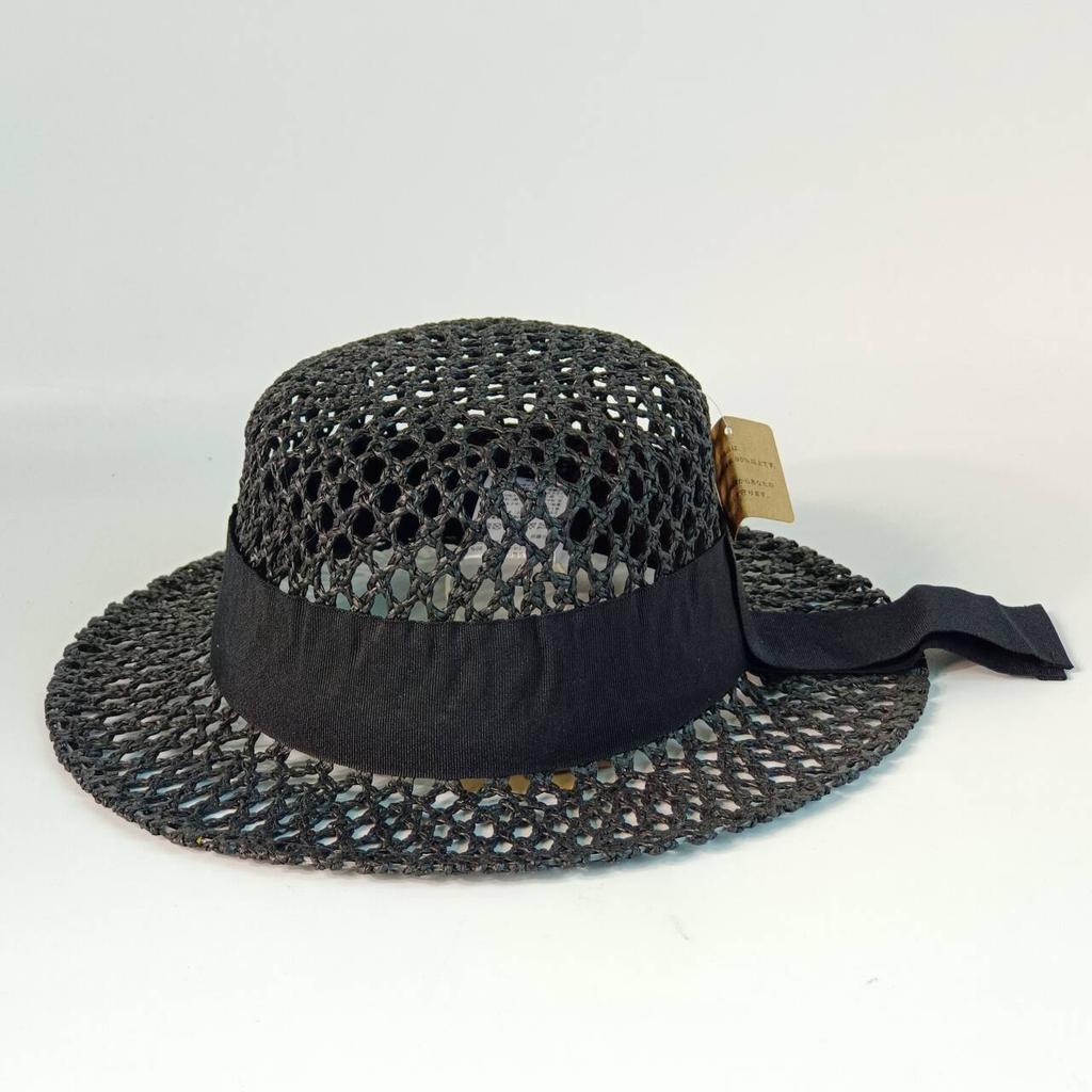 Breathable Mesh Straw Boater Hat for Women, Flat Top Wide Brim Sun Hat with Adjustable Black Ribbon & A