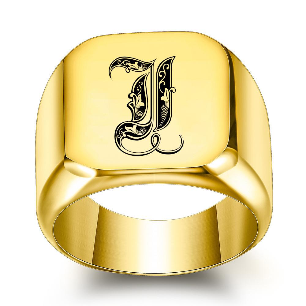 Europe, America 26 personalized English initials titanium steel ring male retro punk square 14MM gold trendy male wholesale