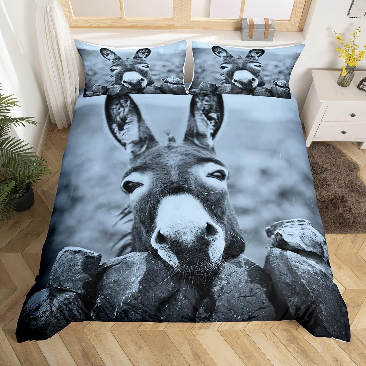 Ensemble de literie amusant avec âne Taille simple Gris Rétro Ensemble de housse de couette âne avec 1 taie d'oreiller Pour enfants Garçons Adolescents Adultes EU single(135x200cm)