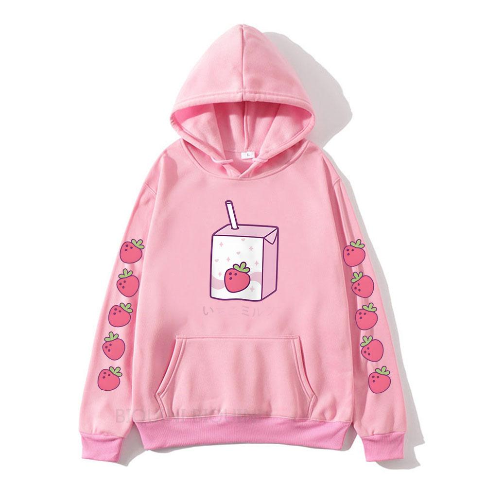 Strawberry Milk Cartoon Printing Hoodies Long Sleeve Hooded Sweatshirts Kawaii Clothing for Girls Moletom Feminino