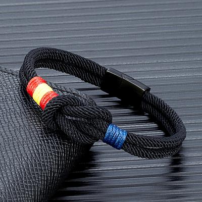 Fashion Men Women Spain Flag Double Strand Nautical Rope Bracelet Brushed Black Stainless Steel Magnet Buckle Accessories