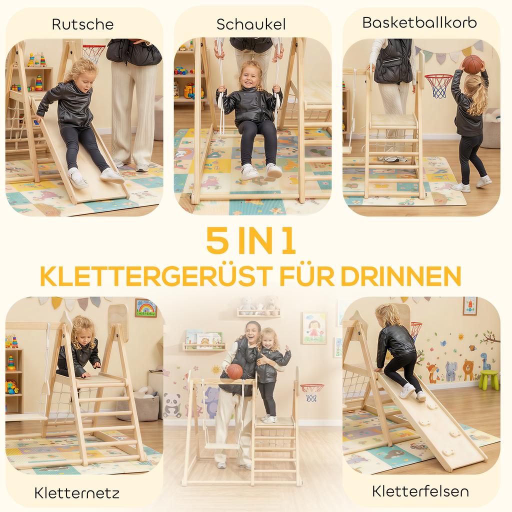 5-in-1 Indoor Climbing Frame with Slide, Swing, Climbing Net, Basketball Hoop, Foldable, 3-6 Years, Natural Wood